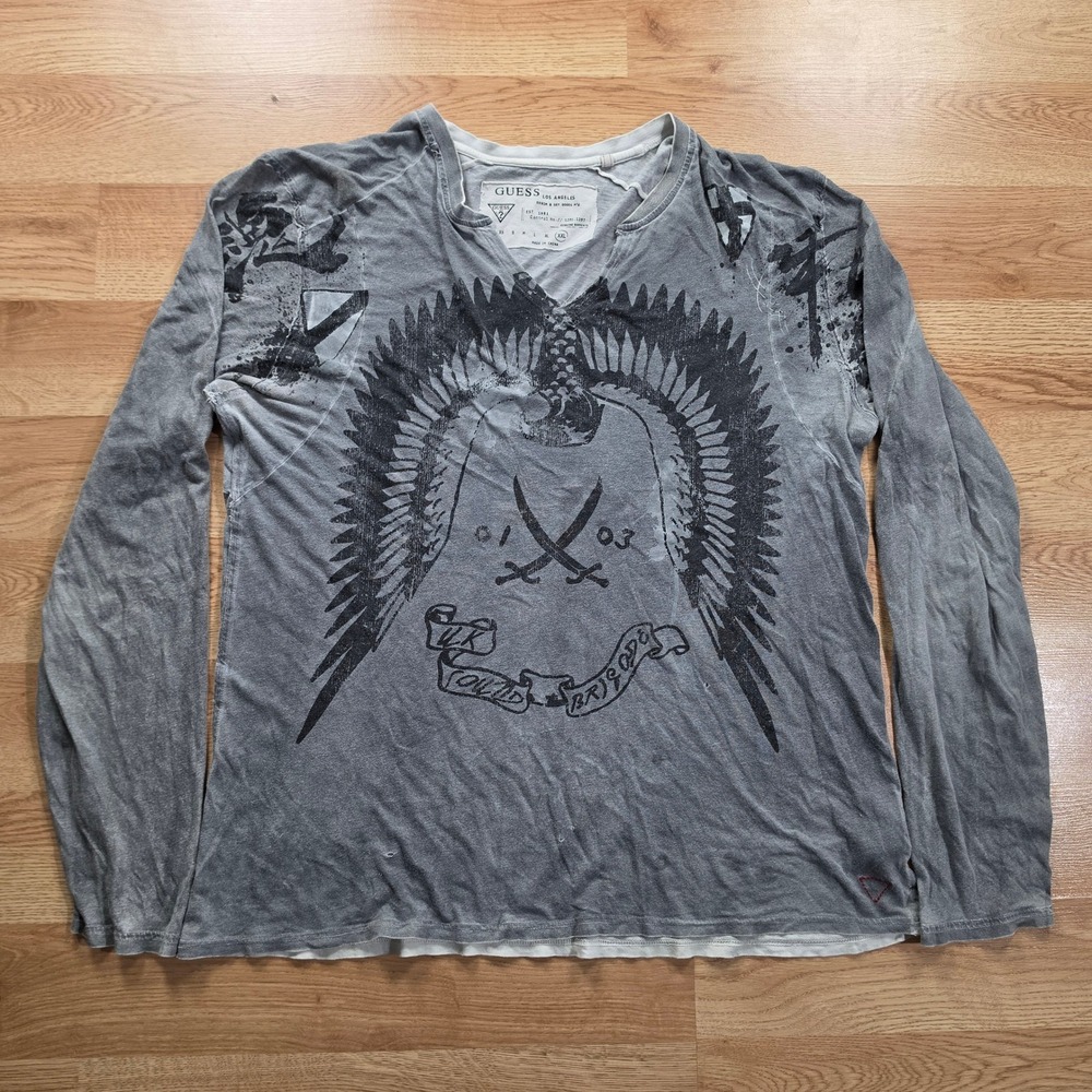 Guess Long Sleeve Shirt Mens XXL Grey Graphic Eagle Wing Grunge Y2K MMA